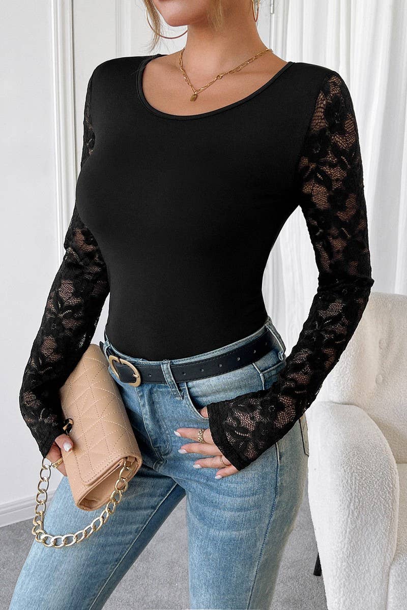 CWTBLL3532_LACE PATCHWORK SLIM-FIT LONG-SLEEVED BASE TOP