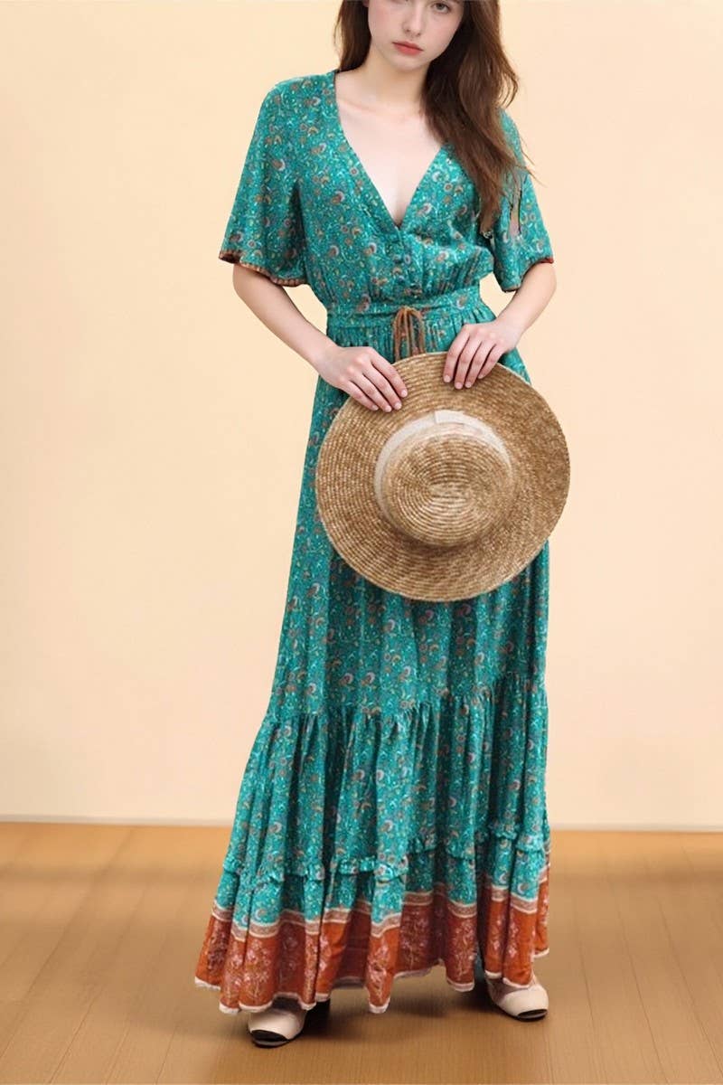 CWDMD01239_V NECK BOHEMIAN PLACEMENT PRINT DRESS