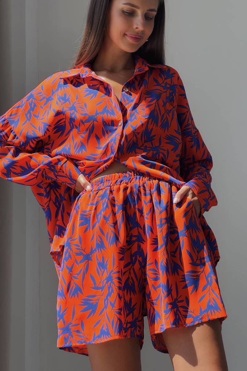 CWSTB1824_ORANGE BAMBOO PRINT SHIRT AND SHORTS SET