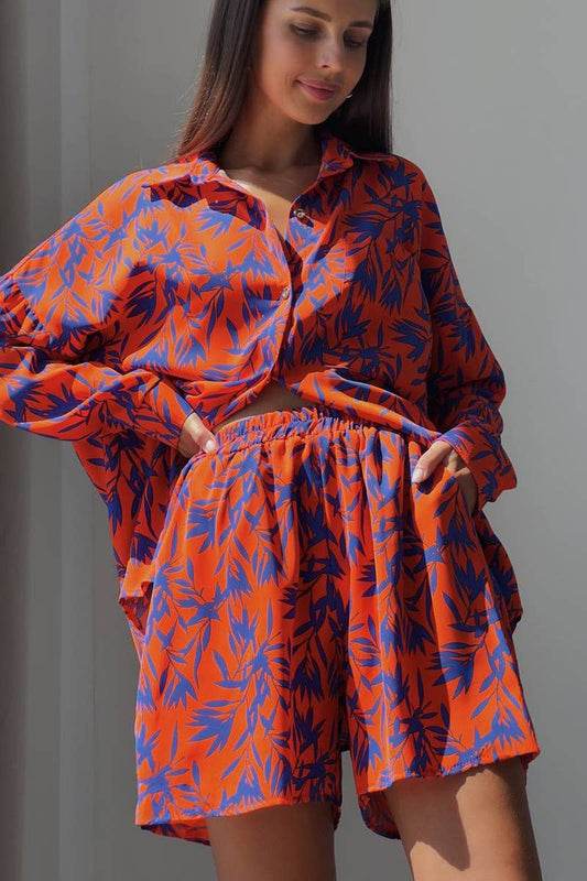CWSTB1824_ORANGE BAMBOO PRINT SHIRT AND SHORTS SET