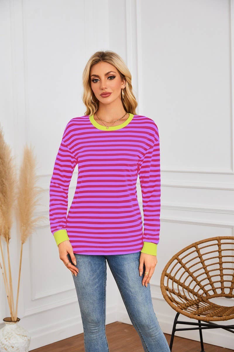 CWTBLL4109_STRIPED ROUND NECK LONG SLEEVE CASUAL TOP
