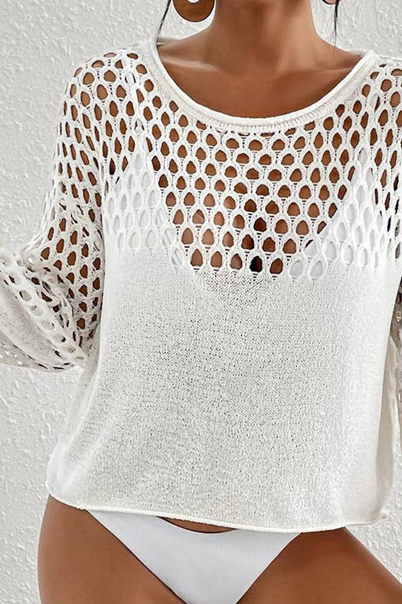 CWTBLL3656_KNITTED HOLLOW LONG SLEEVE BIKINI COVER UP