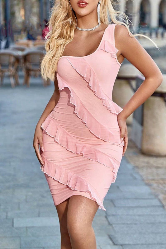 CWDSD4298_SEXY ONE-SHOULDER RUFFLED SKIRT SKIRT SHORT DRESS