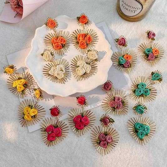 Handmade Fabric Flower Heart Earrings for Women
