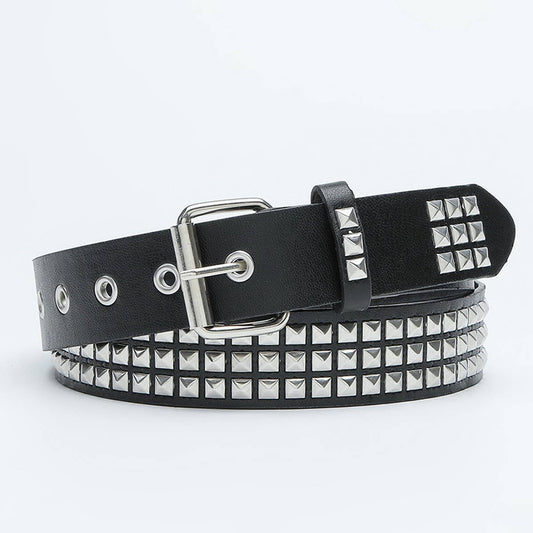 CWABE0374_SQUARE BEAD RIVET PYRAMID INLAID PUNK STYLE  BELT