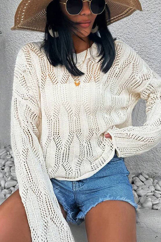 CWTBLL3667_OPEN-KNIT CROCHET LONG-SLEEVED SUN COVER-UP