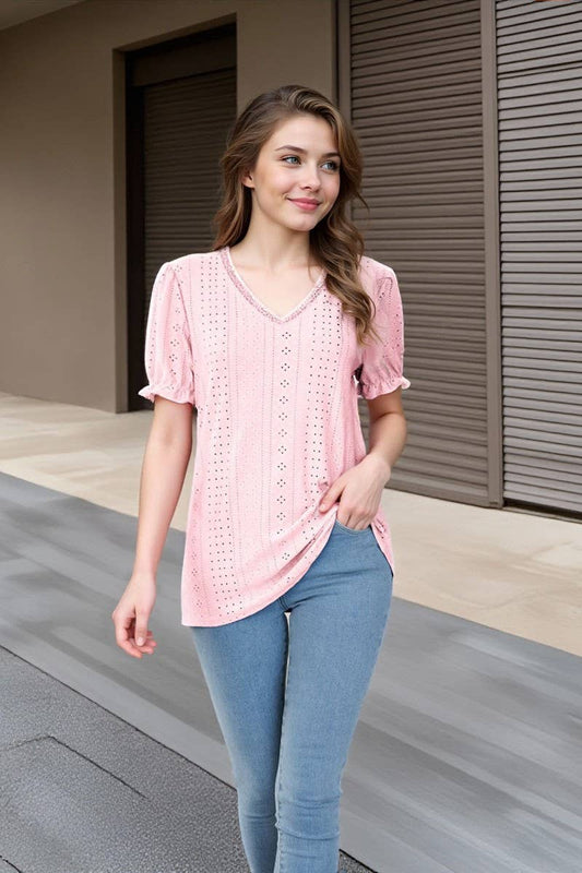 CWTTS00708_SUMMER V-NECK LACE PATCHWORK TOP