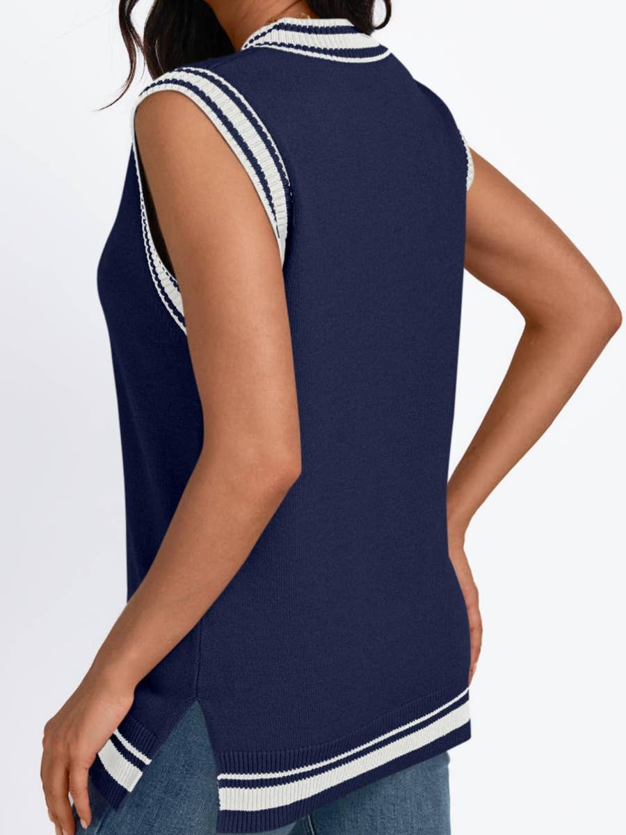 COLOR CONTRAST PREPPY V-NECK SLEEVELESS KNIT VEST
