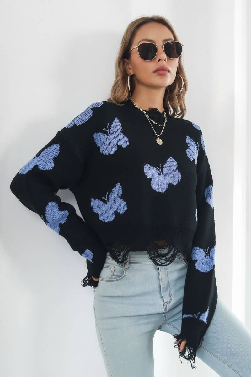 CWOSWL6376_RIPPED BUTTERFLY JACQUARD LONG-SLEEVED SWEATER