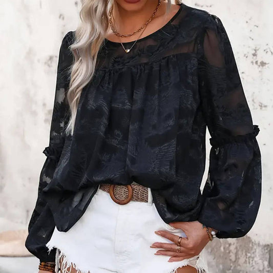 Cut flower design lantern sleeve round neck top