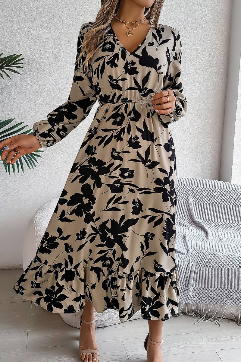 CWDMD2681_AUTUMN CASUAL FLOWER WAIST LONG SLEEVE DRESS