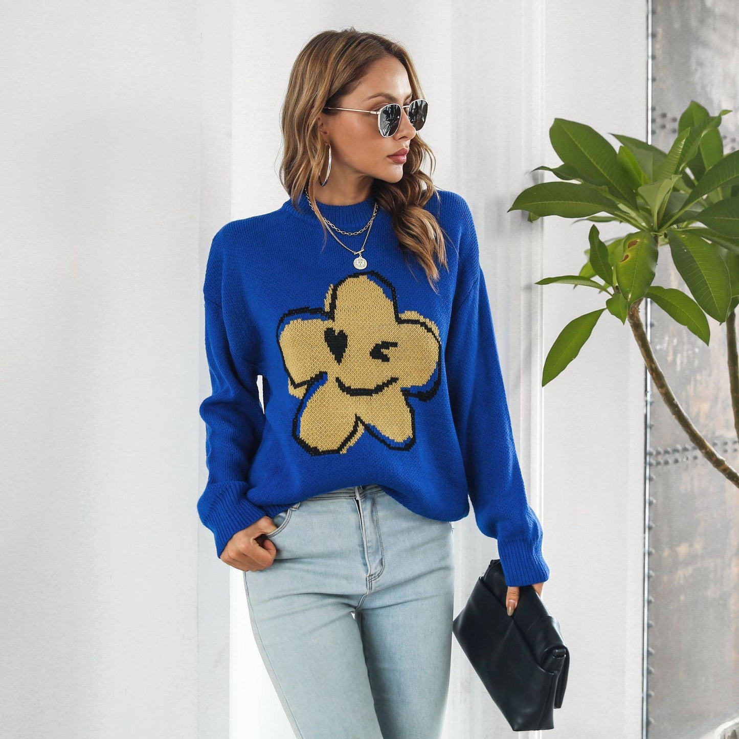 Cartoon jacquard sweater women's loose knit