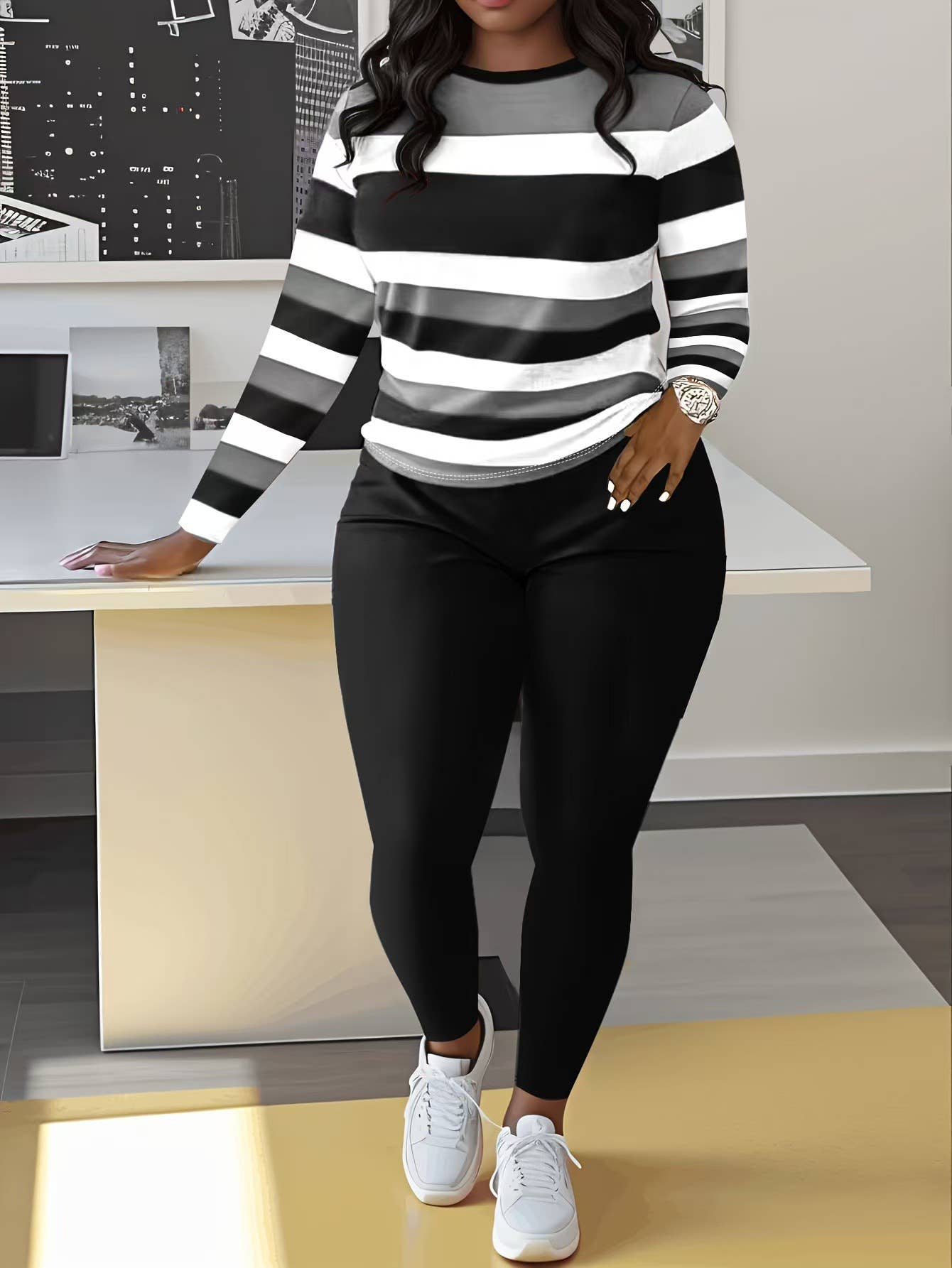 COLOR MATCHING STRIPED SHIRT PANTS TWO-PIECE SET