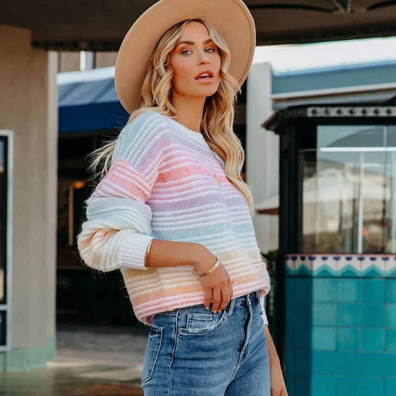 BAGGY, LONG-SLEEVED RAINBOW STRIPED SWEATER