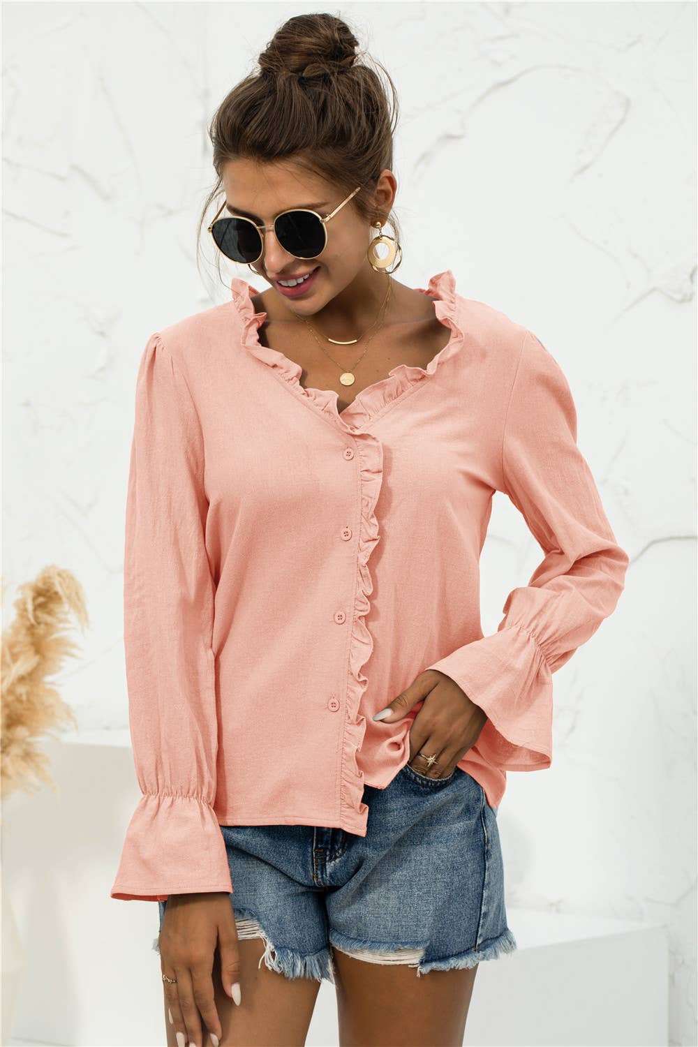 Casual V-neck ruffled button-down shirt