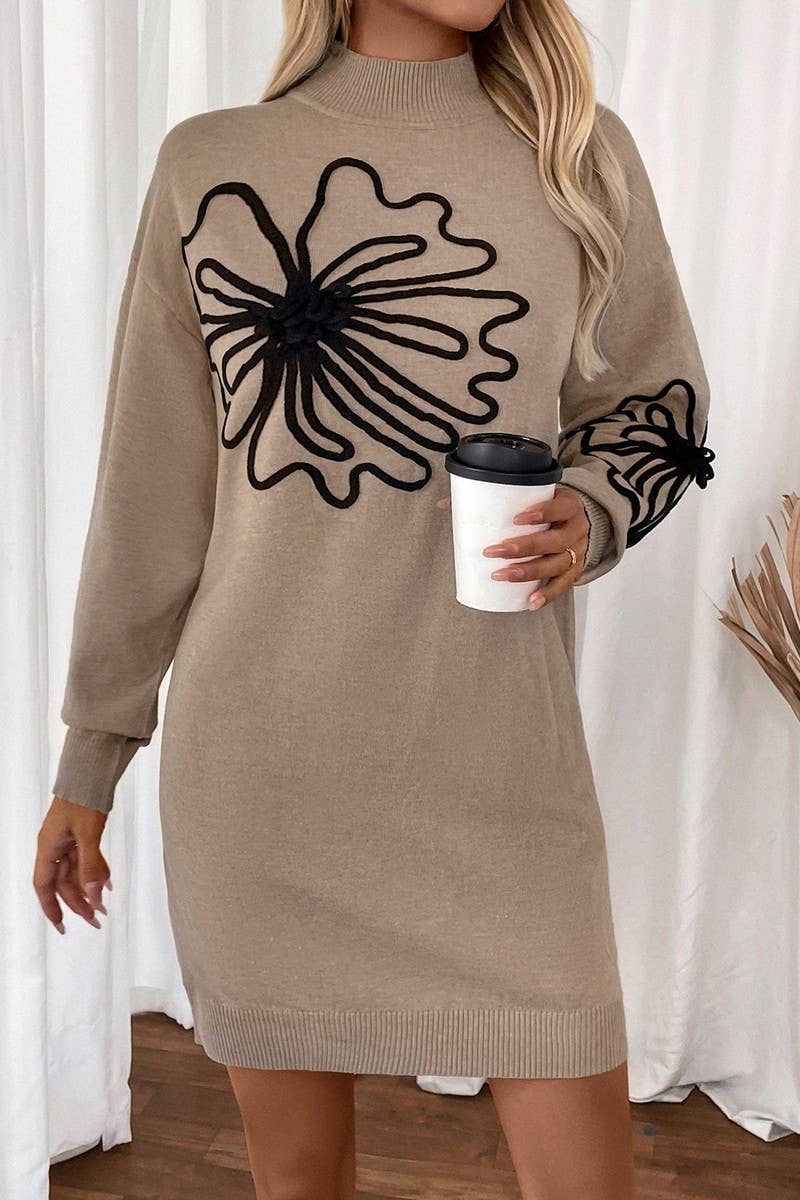 CWDSD7266_AUTUMN AND WINTER MID COLLAR FLORAL SWEATER DRESS