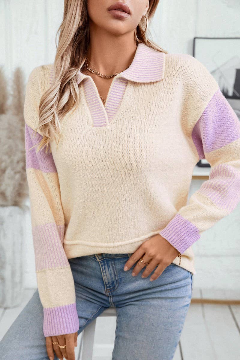 CWOSWL2868_STRIPED POLO COLLAR KNITTED SWEATER