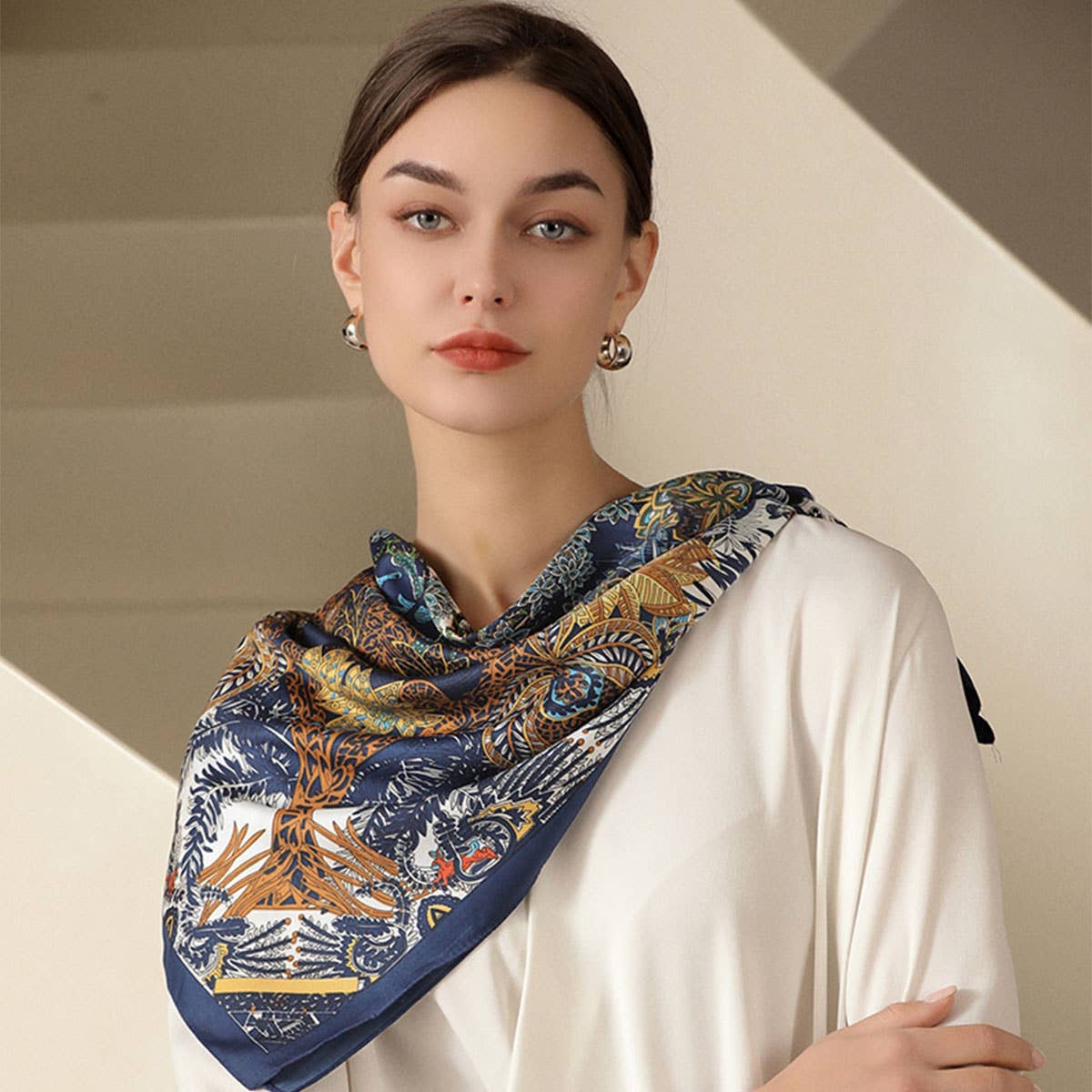 Vintage French Print Scarf ? 90cm Silk Feel Square