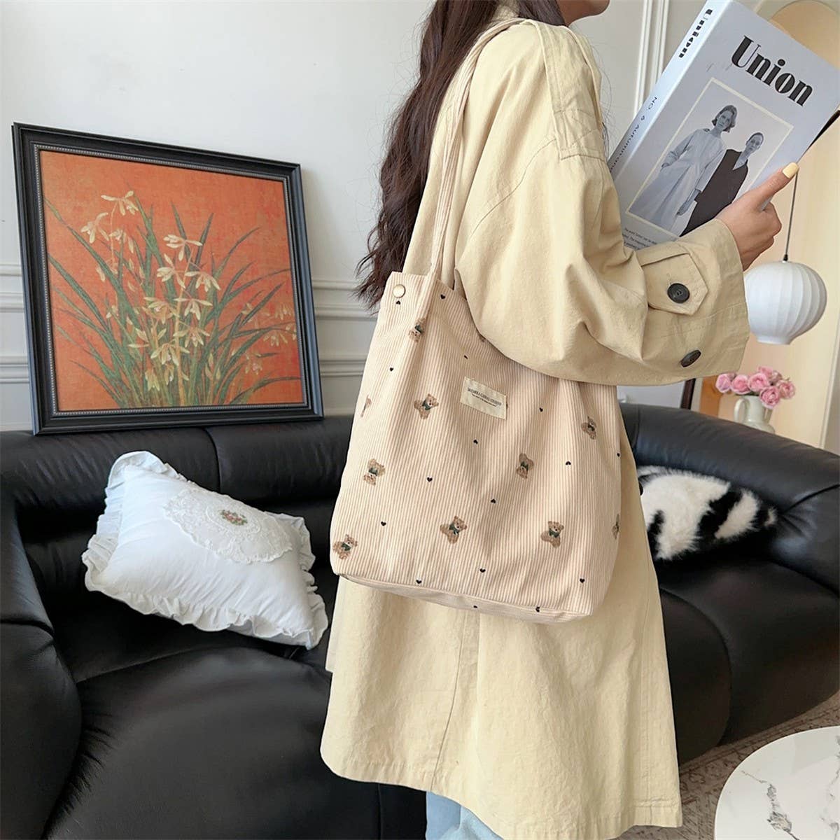 CWAB3901_CORDUROY BEAR PRINT SINGLE SHOULDER UNDERARM BAG