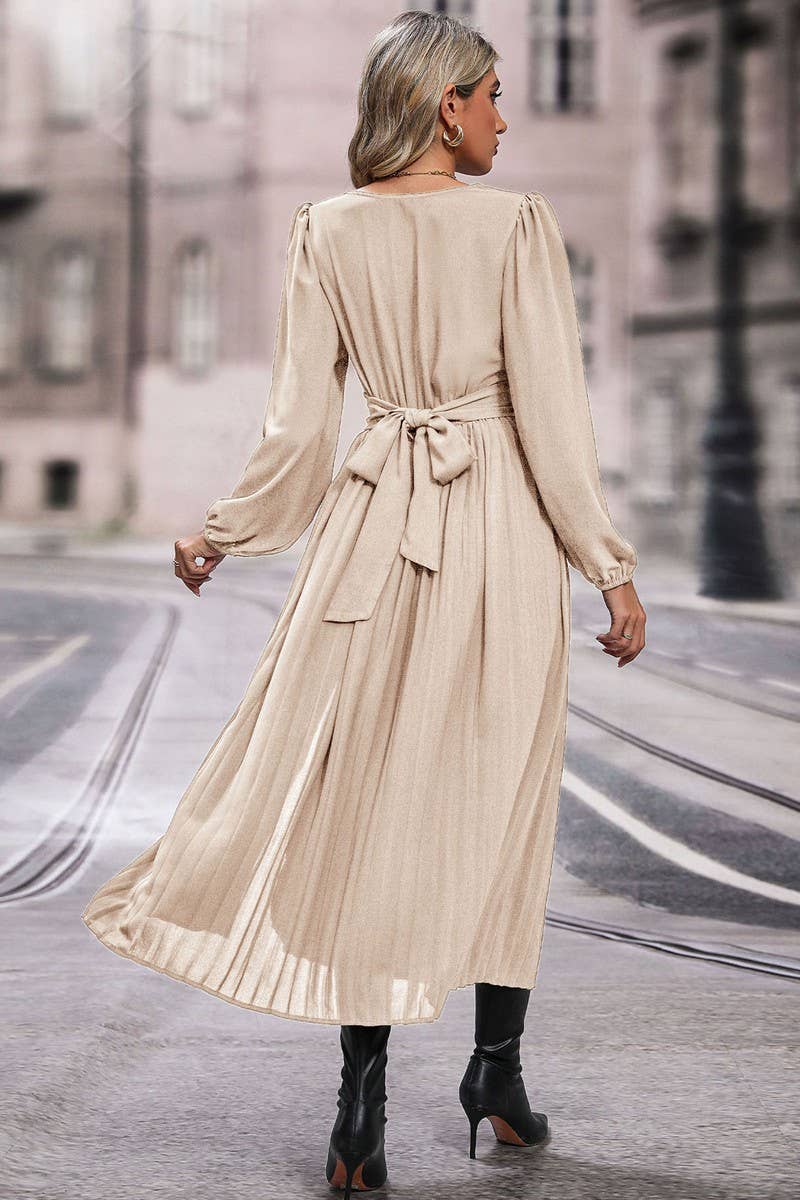 CWDMD3562_SOLID COLOR LONG SLEEVE V-NECK MIDI DRESS