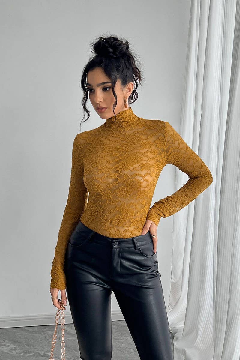 CWTBLL3507_HIGH COLLAR LACE LONG SLEEVE BOTTOMING TOP