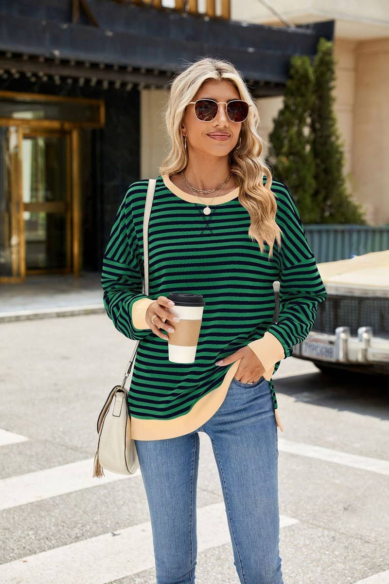 CWTBLL3746_CONTRAST COLOR SLIT LOOSE STRIPED SWEATSHIRT