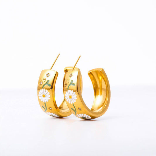 PAINTED FLOWER FLORAL ROSE C-SHAPED EARRINGS_CWAJE1620