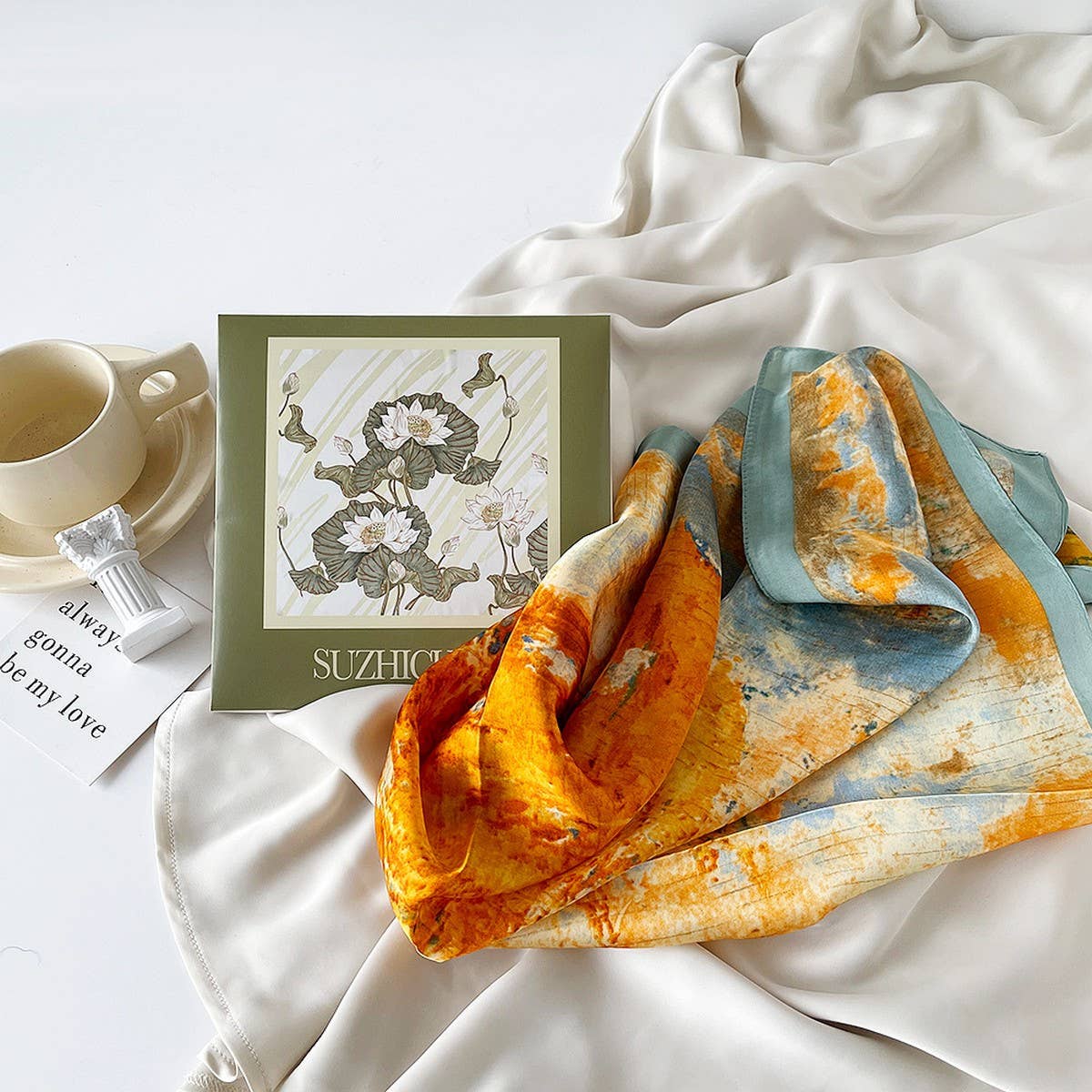 Mint Mambo Lotus Print Satin Scarf Gift for Women