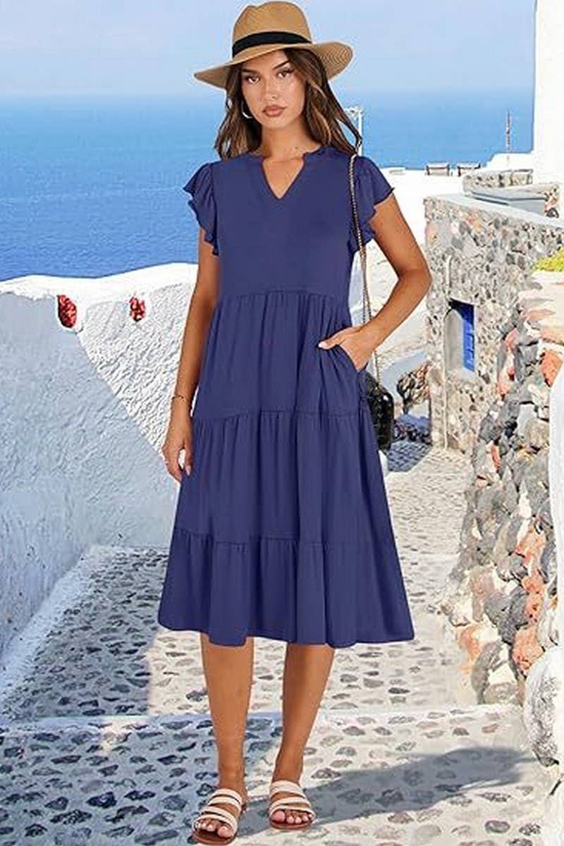 CWDMD6340_V-NECK RUFFLE SLEEVES WIDE POCKET DRESS