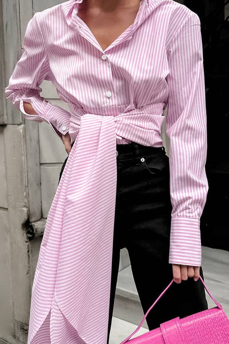 CWTBLL00576_TIE-WAIST STRIPED LONG-SLEEVED SHIRT TOP