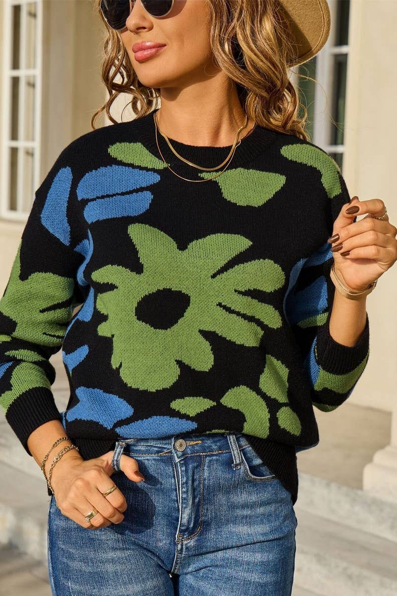 CWOSWL07600_FLORAL PRINT LONG SLEEVE KNIT SWEATER
