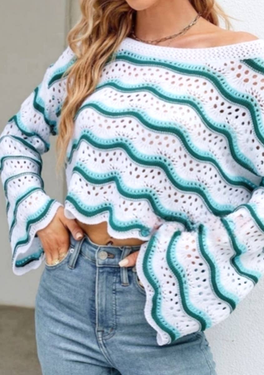 CWOSWL603 Flare Sleeved Round neck Hollowed Out Sweater