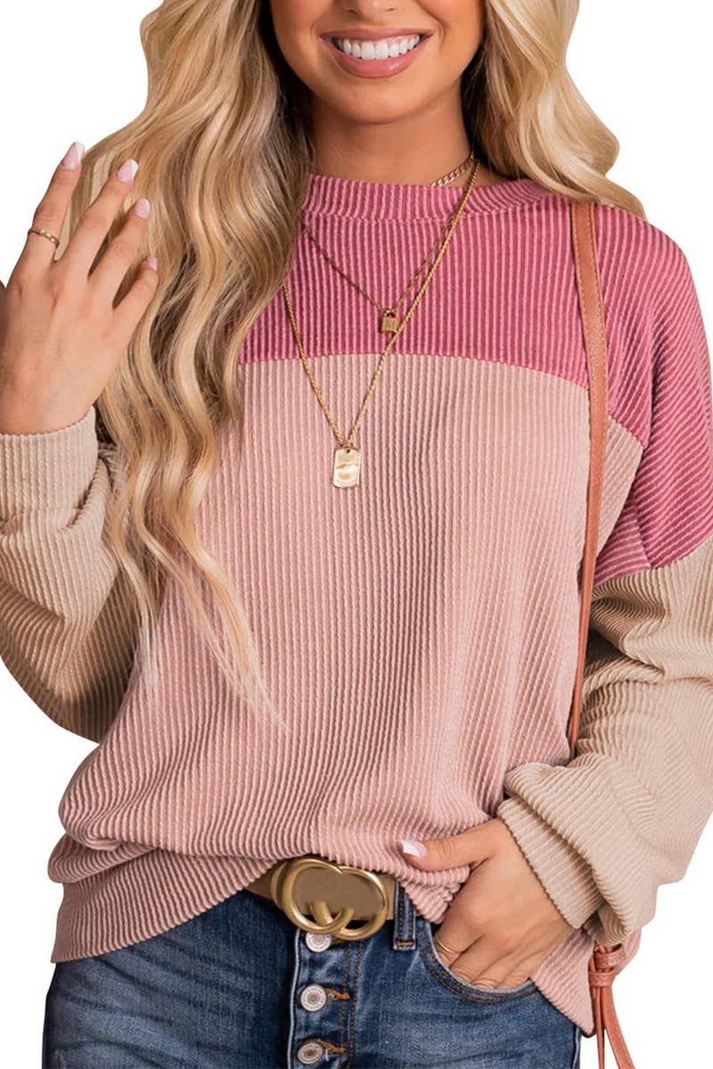 CWTBLL1828_ROUND NECK TWISTED STRIPE COLOR BLOCK LOOSE TOP