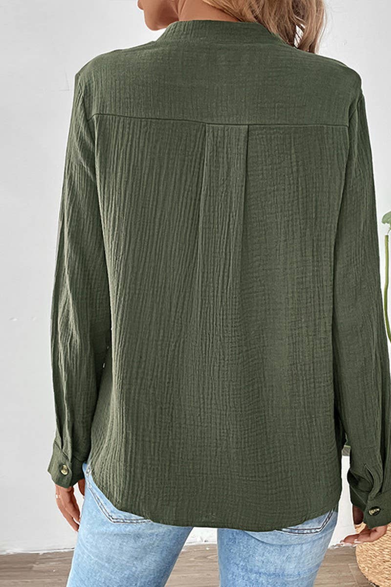 CWTBLL3708_BUTTON V-NECK SOLID COLOR CASUAL PULLOVER SHIRT