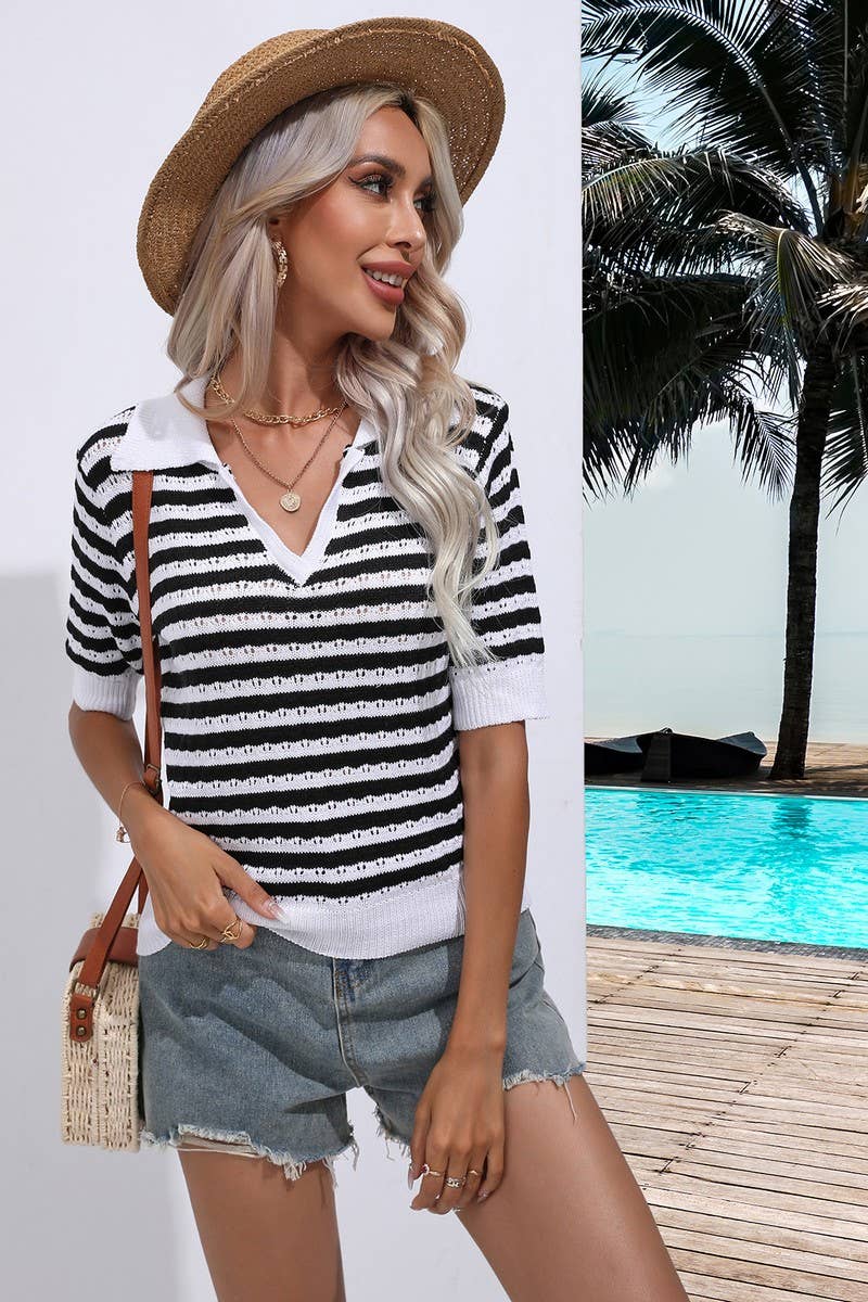 CWOSWS0061_Casual V-Neck Short Sleeve Pullover Sweater