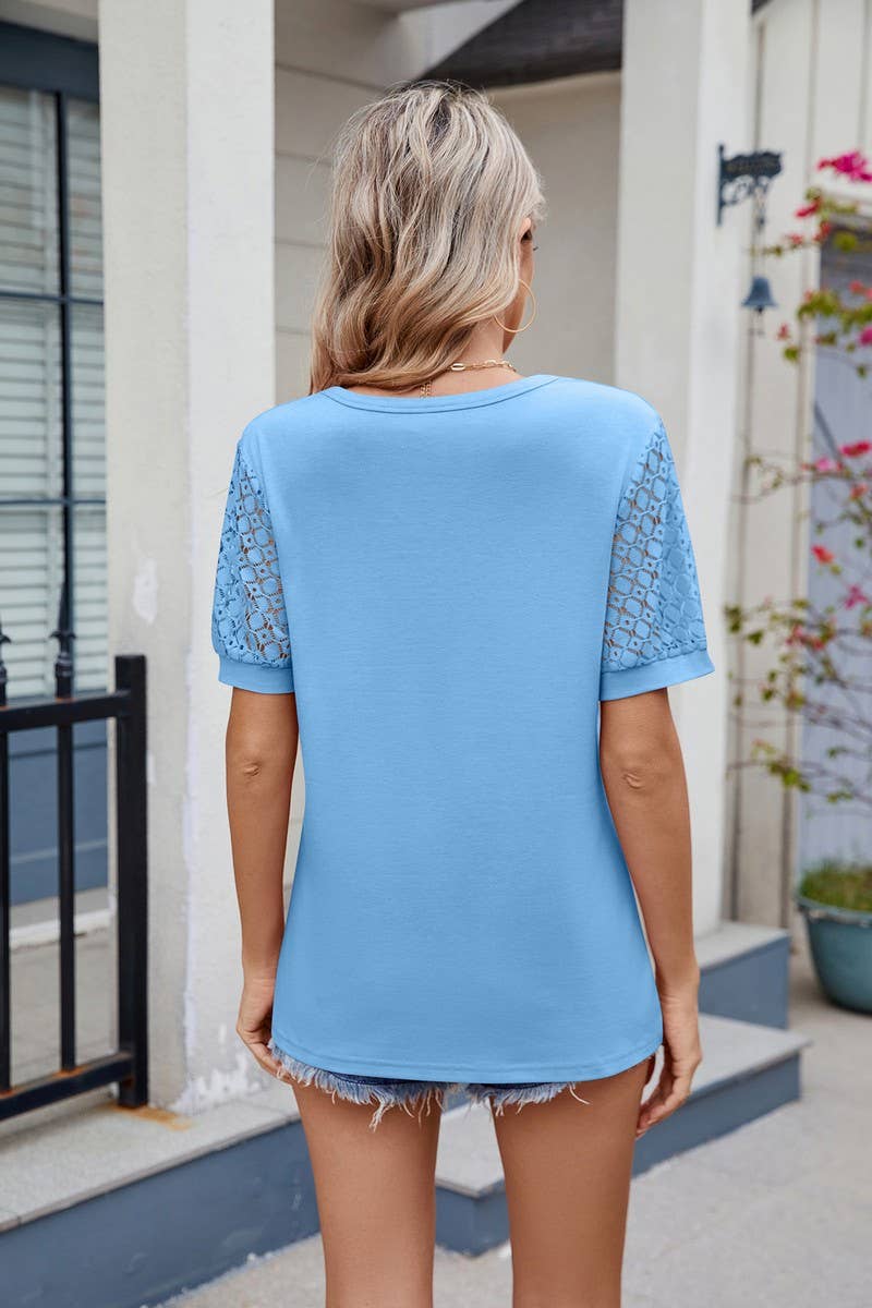 CWTBLS1738_SOLID COLOR V-NECK SHORT-SLEEVED T-SHIRT TOP