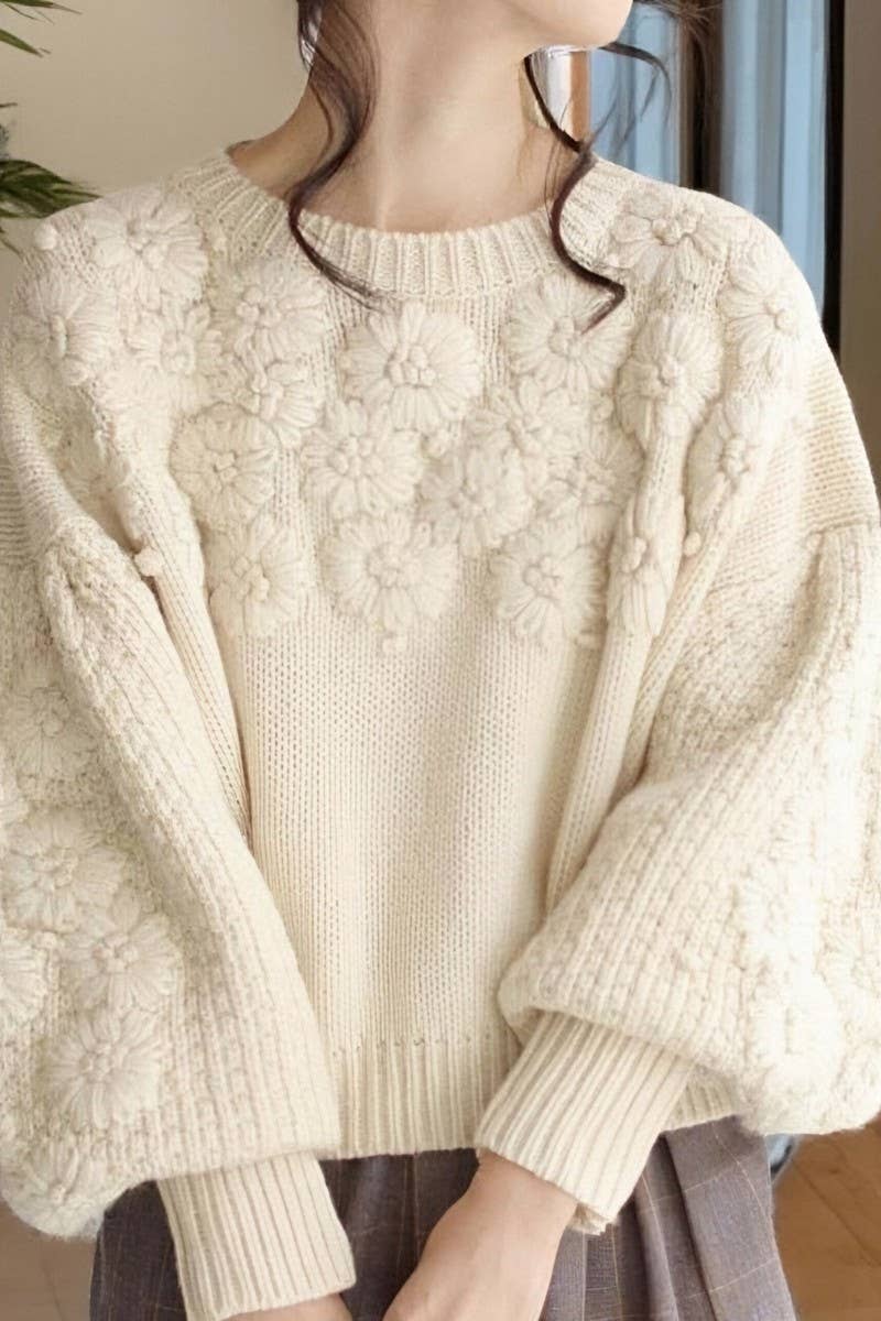 CWOSWL6960_EMBROIDERED 3D DAISY PULLOVER KNIT SWEATER