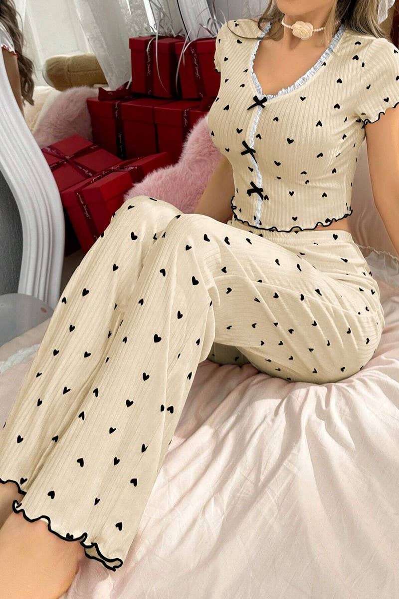 CWSPJ00470_HEART PRINT V NECK SHORT SLEEVE PAJAMA SET