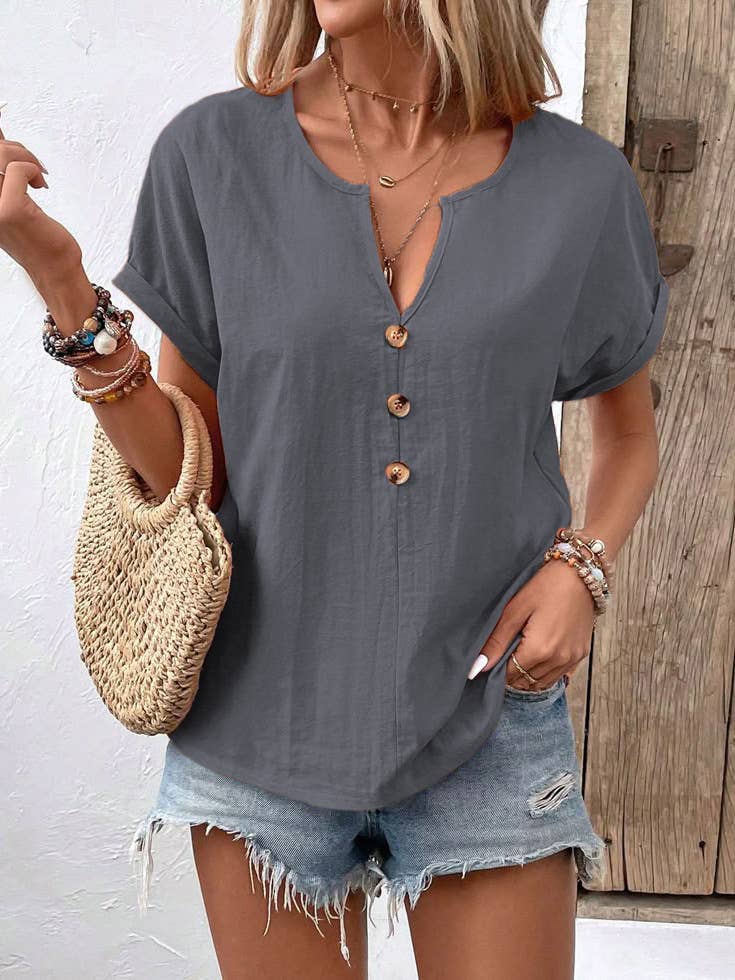 Button V-neck solid-color short-sleeved T-shirt