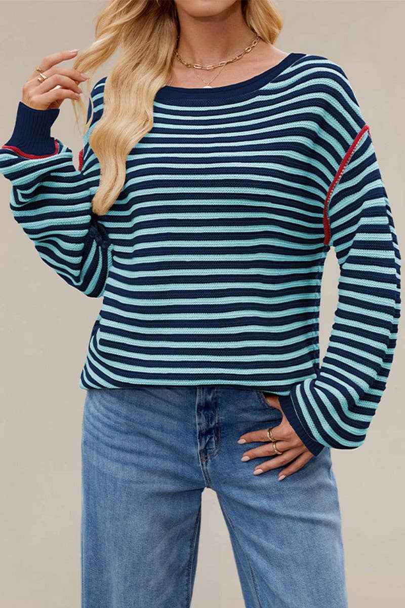 CWOSWL7017_STRIPED PULLOVER LOOSE LONG-SLEEVED KNITTED TOP
