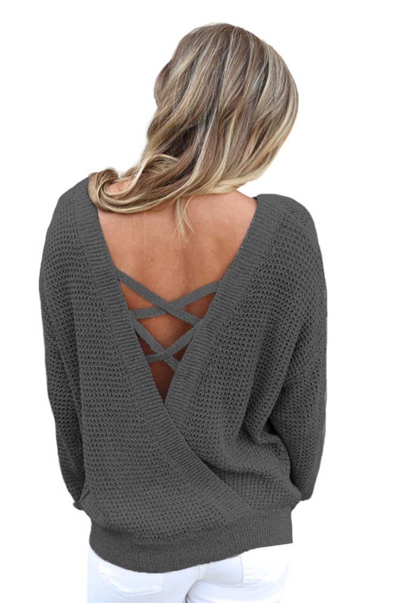 CWOSWL6676_CREW-NECK BACKLESS LONG-SLEEVED KNIT TOP