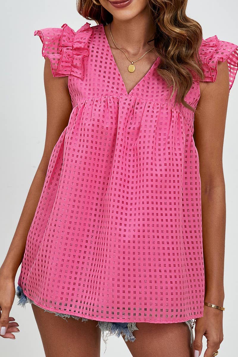 CWTBLSL0704_V-NECK RUFFLE SLEEVES SEMI-SHEER PLAID TOP