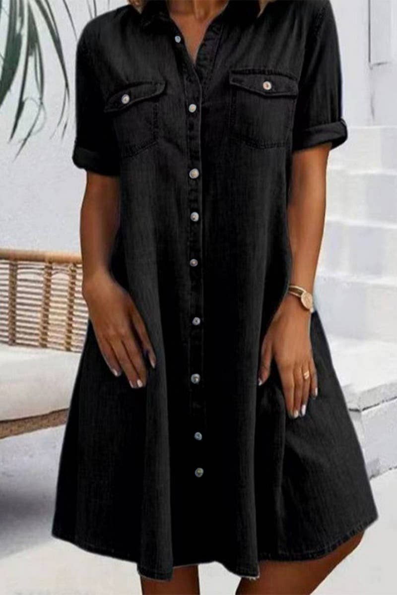 CWDSD8673_SOLID COLOR CASUAL DENIM A-LINE DRESS