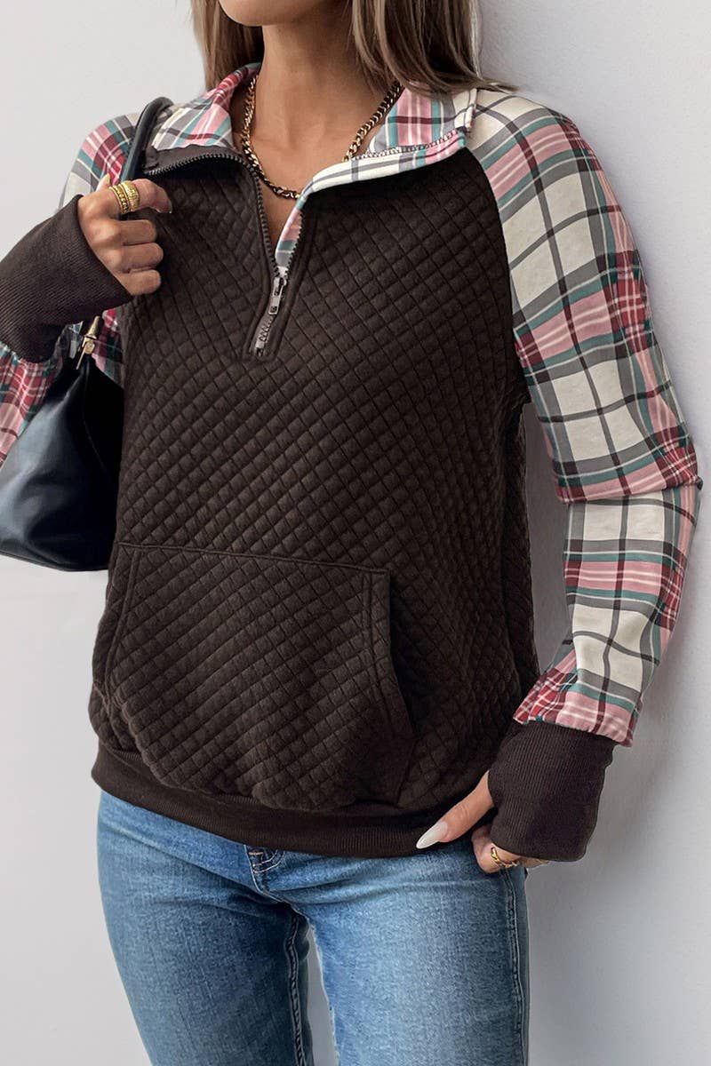 CWTBLL3715_RETRO PLAID STITCHING RETRO PULLOVER SWEATSHIRT