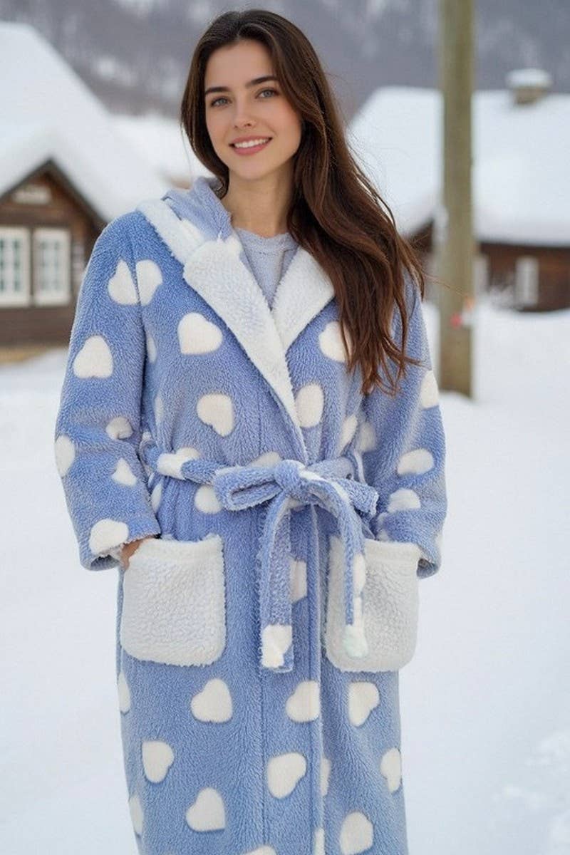 CWSPJ0417_BLUE HEART PRINT HOODED FLANNEL LOUNGEWEAR ROBE