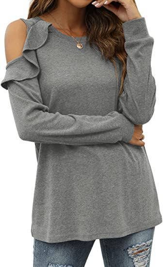 CREW-NECK, OFF-SHOULDER, RUFFLED CASUAL SWEATER