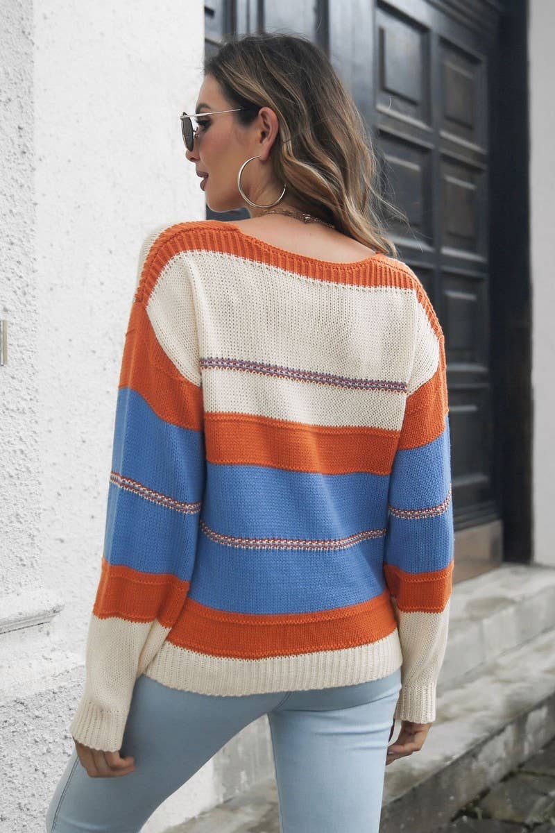CWOSWL6860_LOOSE STRIPED CONTRAST V-NECK SWEATER