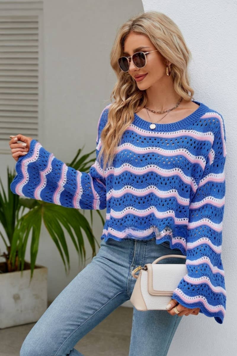 CWOSWL603 Flare Sleeved Round neck Hollowed Out Sweater