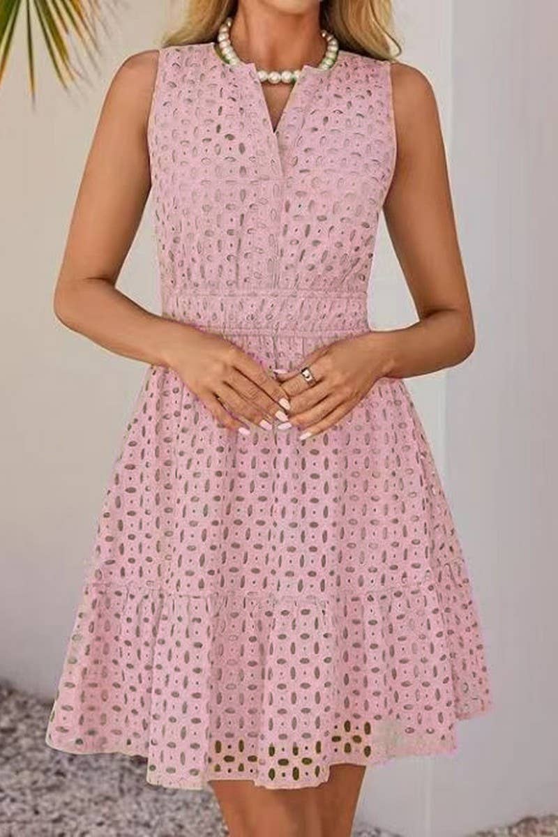 CWDSD8008_SUMMER V-NECK HOLLOW EYELET HIGH WAIST DRESS