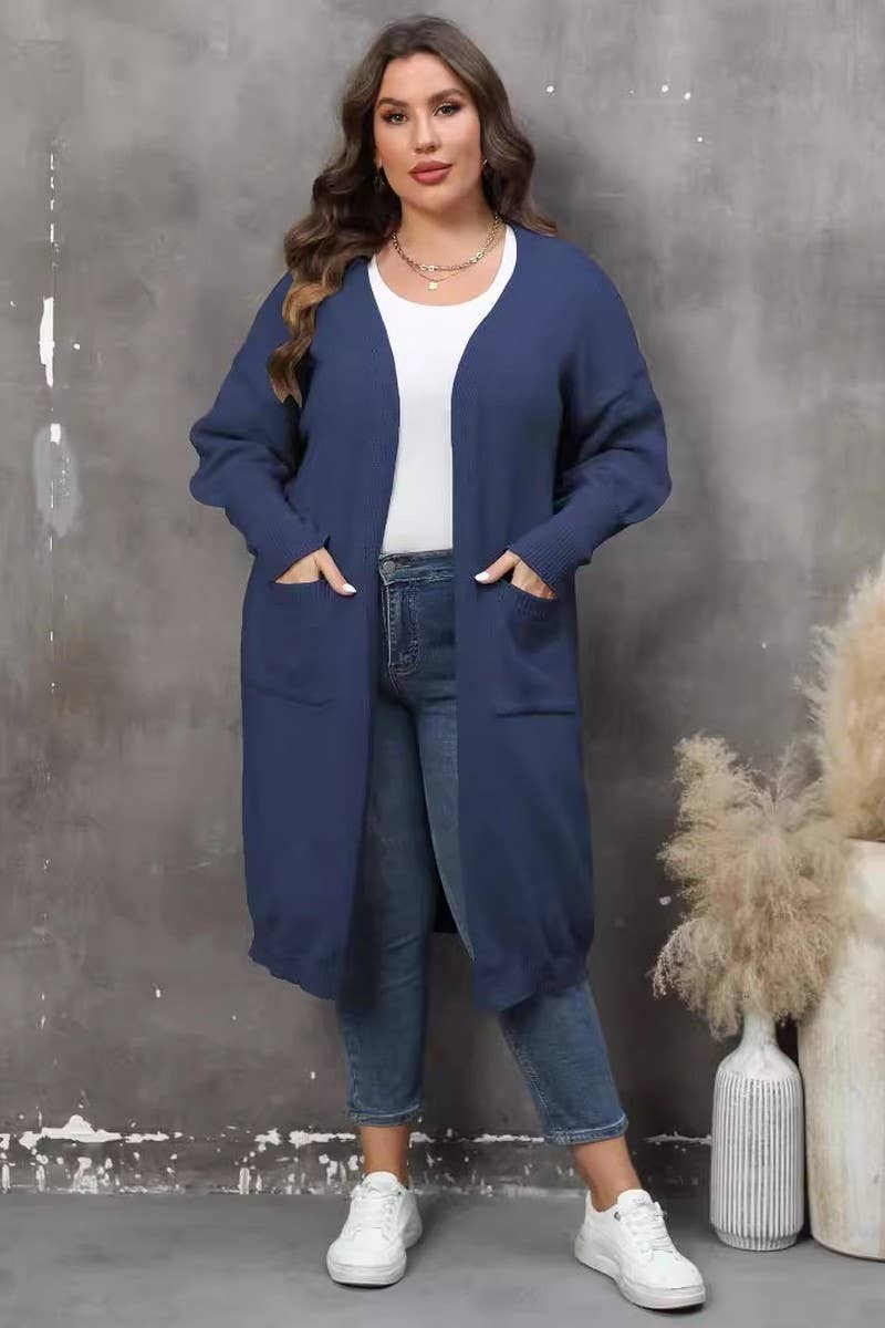 CWOSWL07381_PLUS SIZE WOMEN LONG KNIT CARDIGAN SWEATER